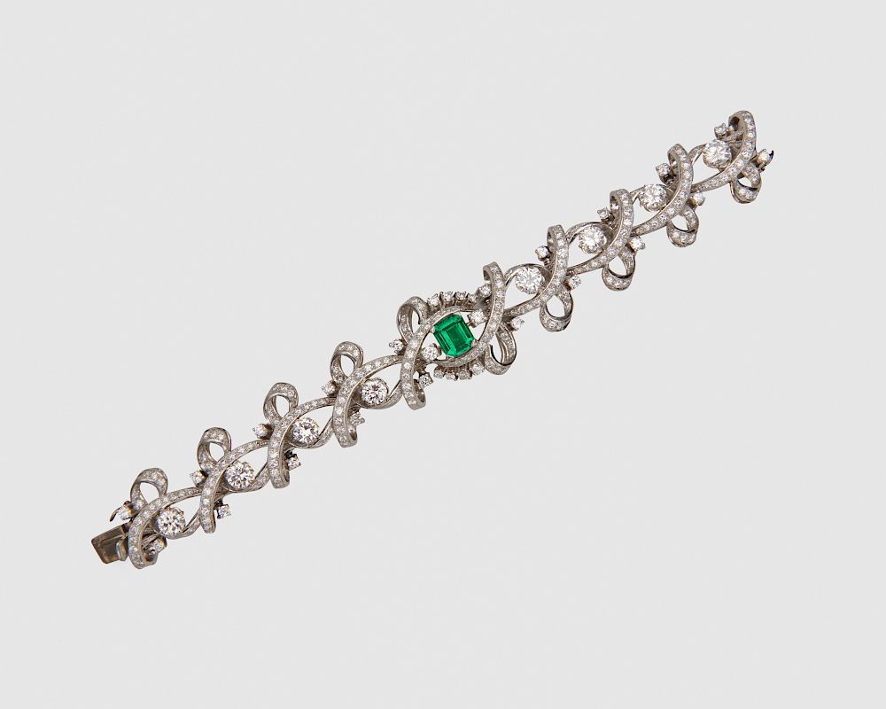 Appraisal: Platinum Diamond and Emerald Bracelet Platinum Diamond and Emerald Bracelet