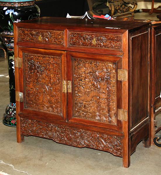 Appraisal: Two mixed wood side cabinets with dragon decoration th Century