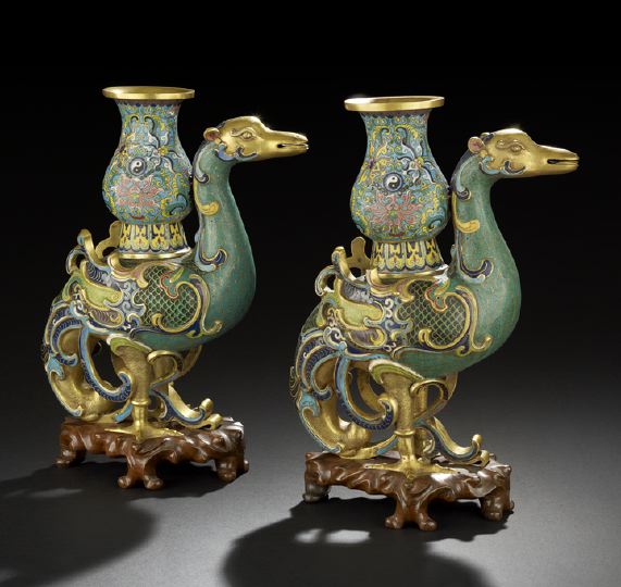 Appraisal: Pair of Chinese Cloisonne Phoenix-Form Vases th century each in