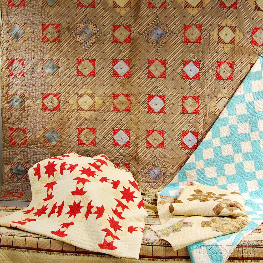 Appraisal: Five Quilts a nine-patch variant x a red and white