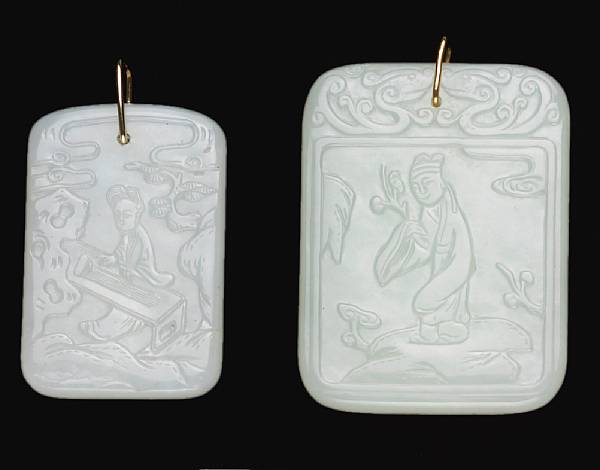 Appraisal: Two white jade figural plaques Both of thinly sectioned rectangular