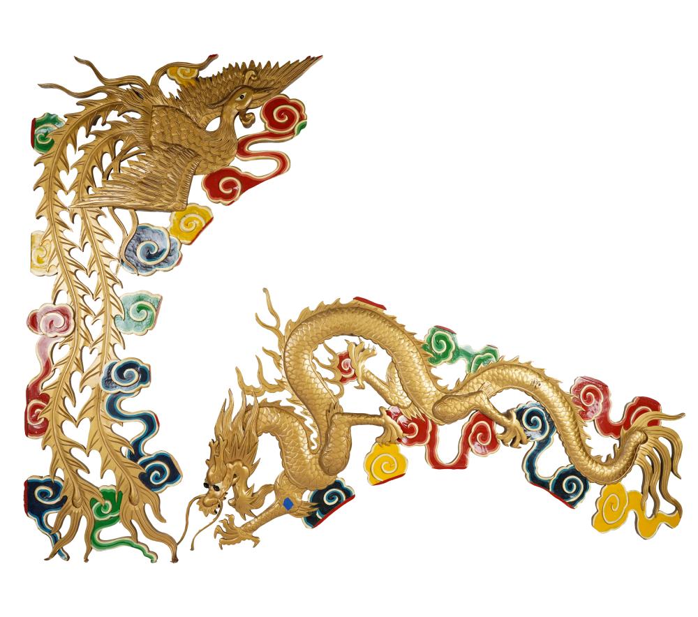 Appraisal: PAIR OF PAINTED GILT CHINESE ARCHITECTURAL PANELScomprising a phoenix and