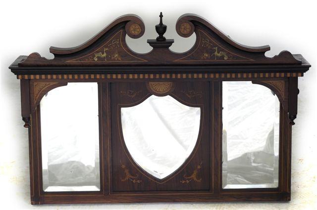 Appraisal: LATE VICTORIAN INLAID ROSEWOOD OVERMANTEL MIRROR with swan-neck pediment flanking