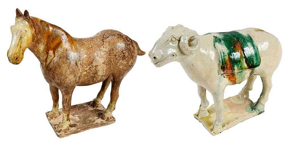 Appraisal: Chinese Sancai Glazed Standing Horse and Ram possibly Tang dynasty