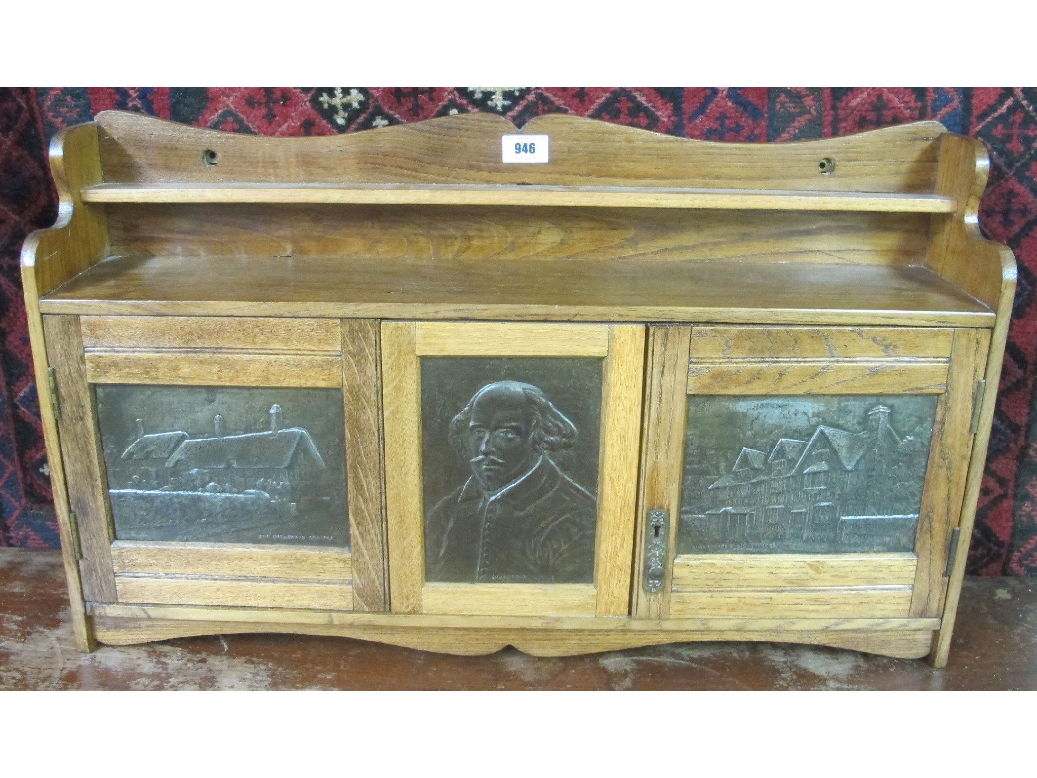 Appraisal: Oak wall hanging smokers cabinet with Shakespeare plaque to front