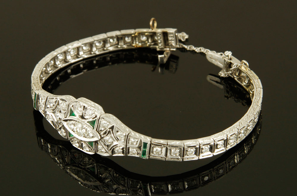 Appraisal: - Art Deco Diamond and Emerald Bracelet Art Deco ladies