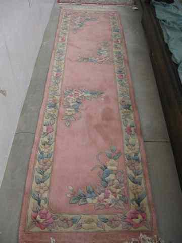 Appraisal: Chinese Sculptured Wool Runner florals on pink field thick pile