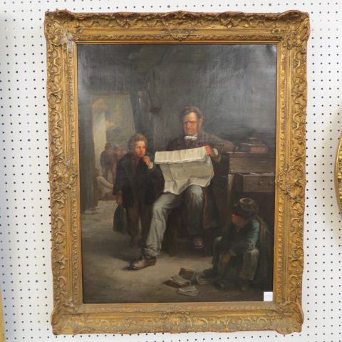 Appraisal: Antique Oil Painting man reading newspaper boys by his side