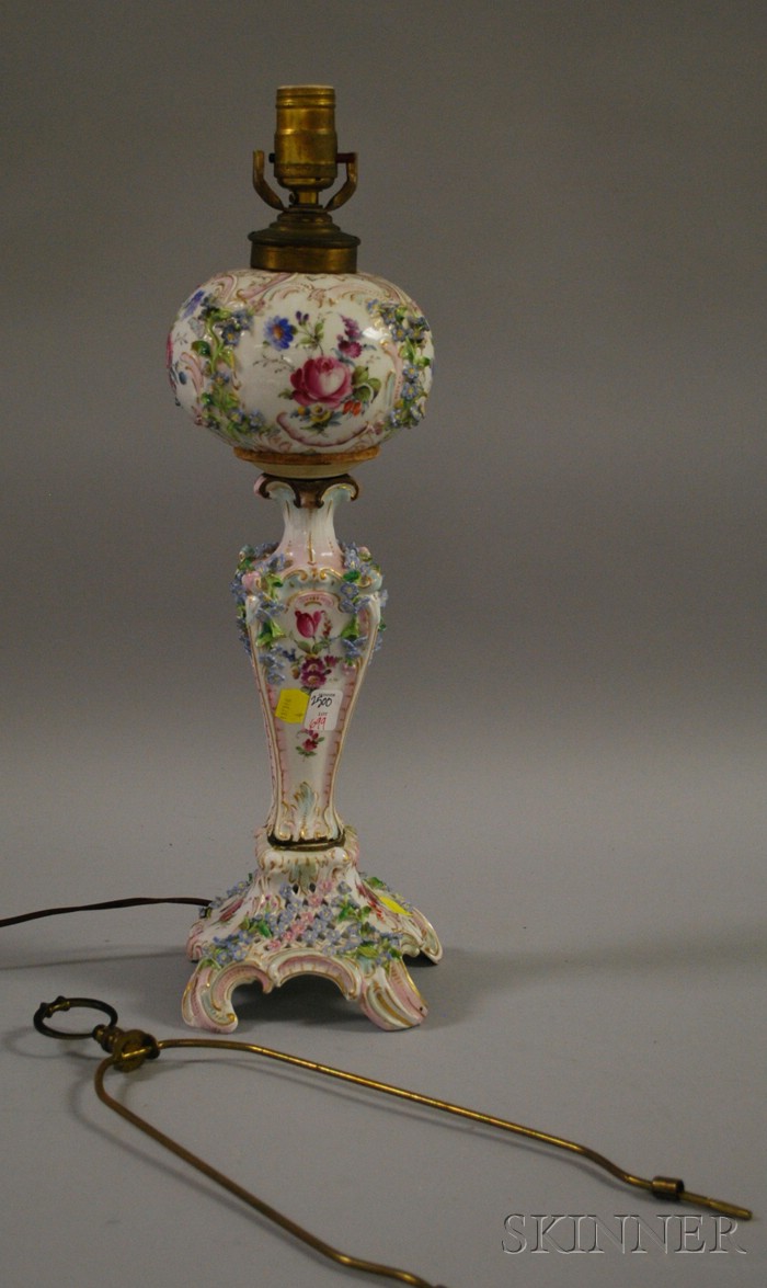 Appraisal: German Hand-painted Encrusted Porcelain Banquet Lamp repairs electrified body ht