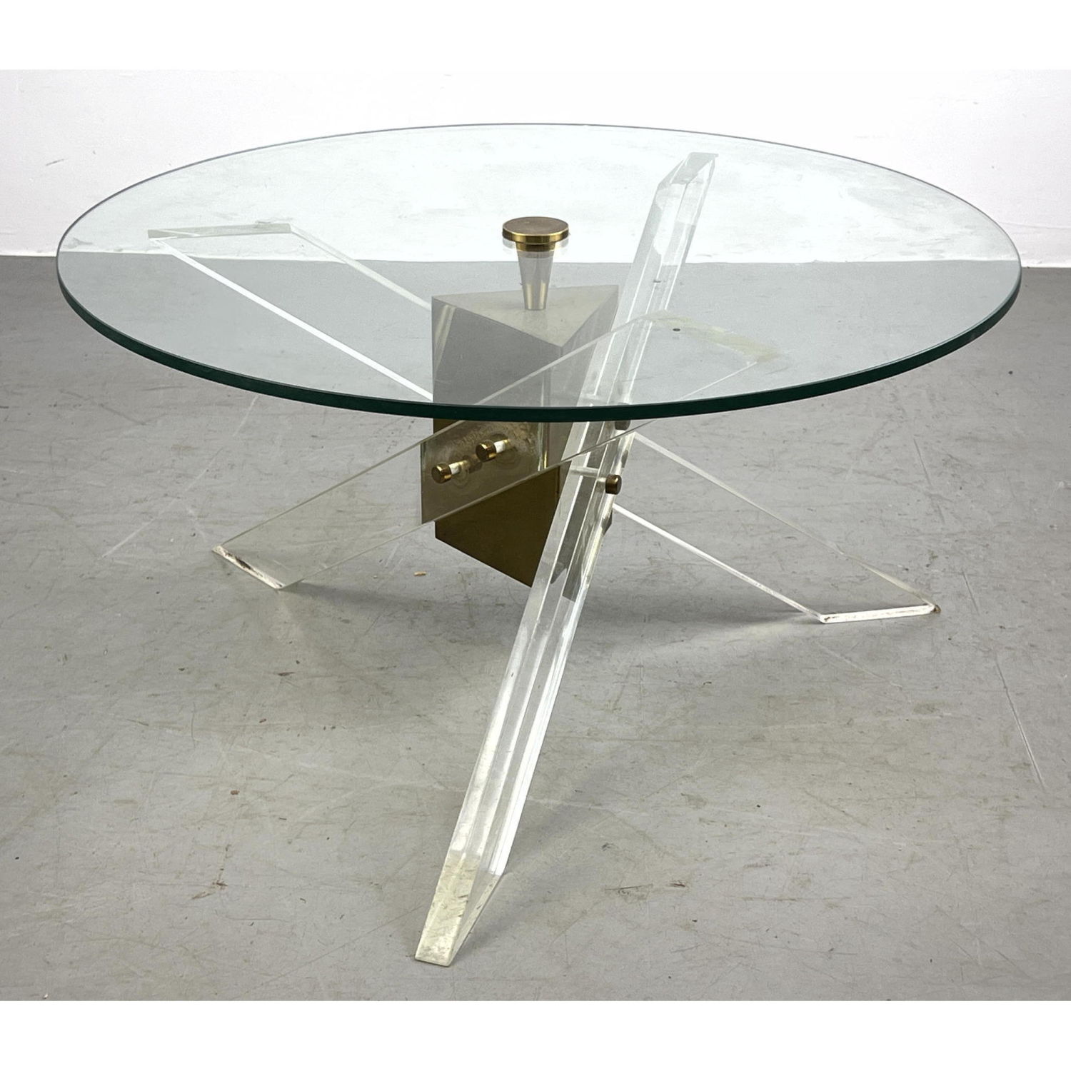 Appraisal: Lucite Tripod Base Modernist Cocktail Coffee Table Brass Central element