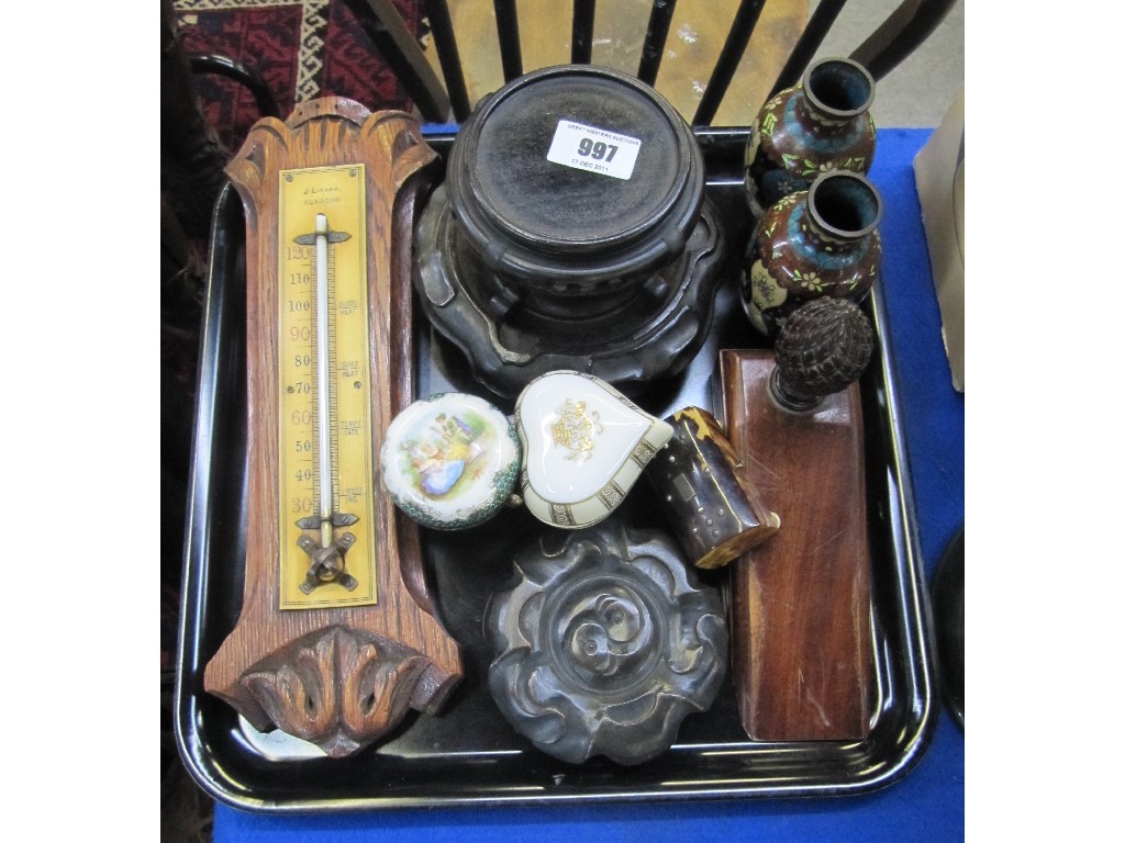 Appraisal: Tray lot to include pair of cloisonne vases doorstop hardwood