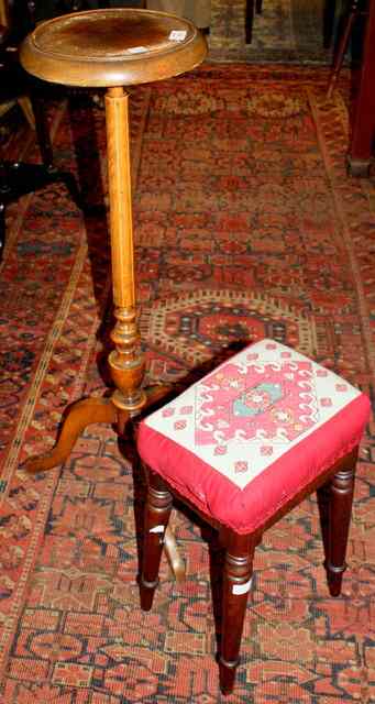 Appraisal: AN EARLY TH CENTURY MAHOGANY AND UPHOLSTERED STOOL on turned