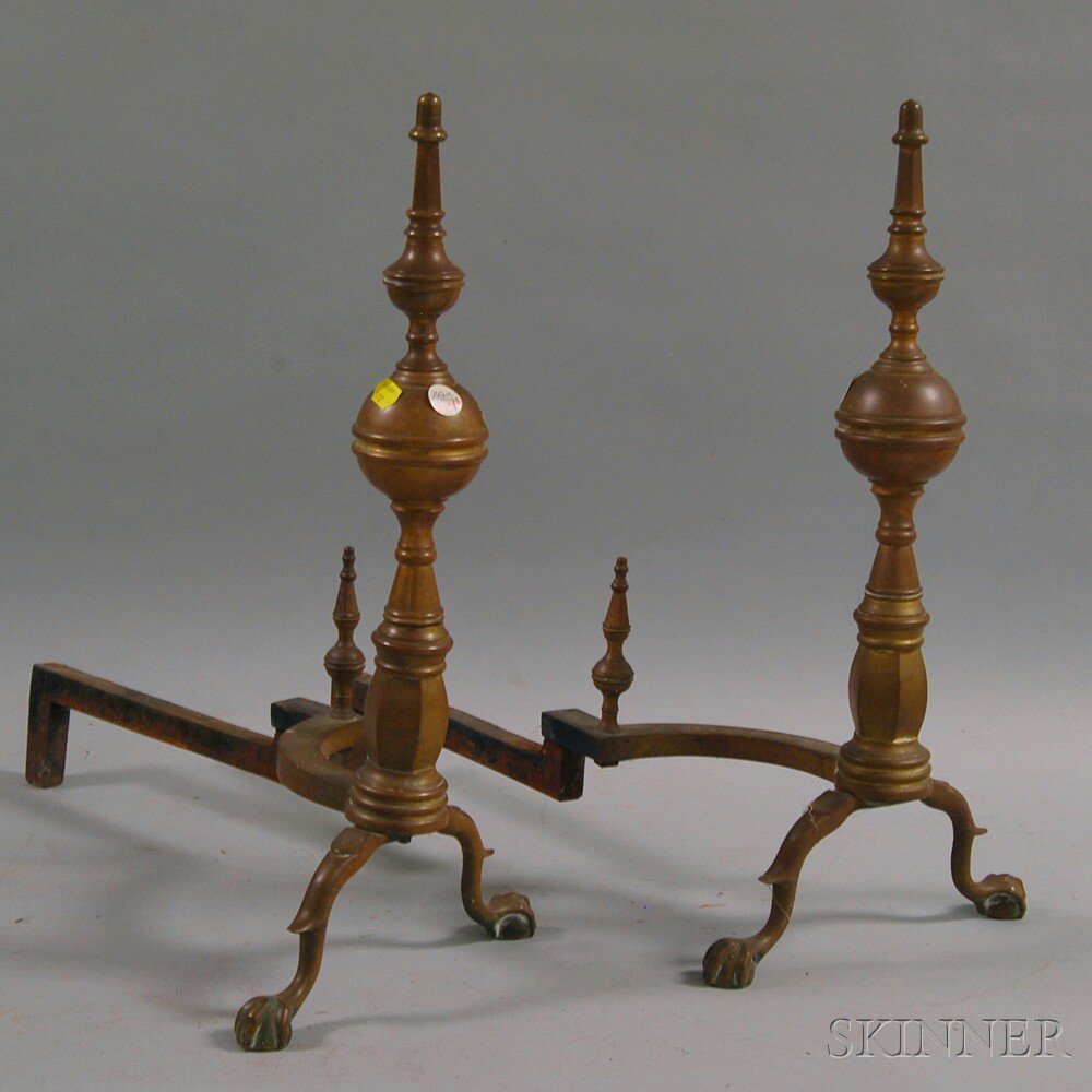 Appraisal: Pair of Brass Belted Ball-top Andirons th century supported on