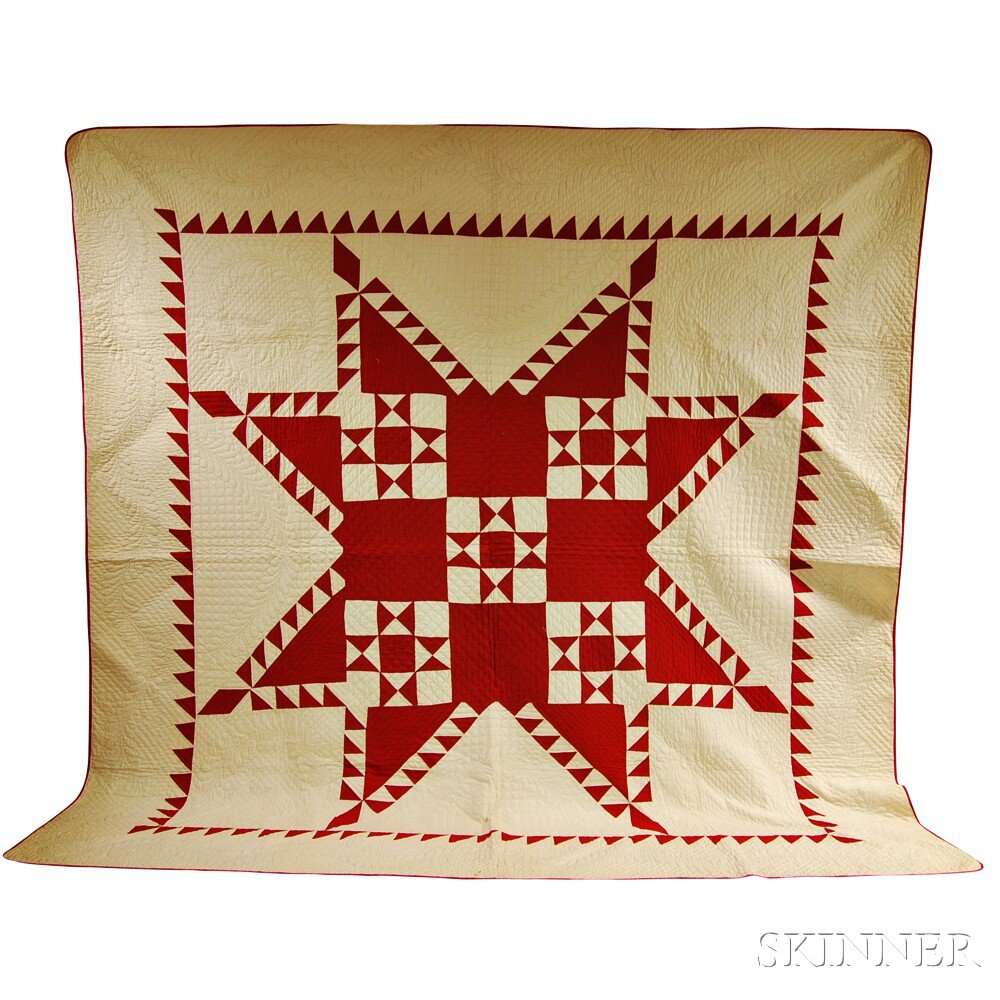 Appraisal: Pieced Cotton Feathered Star Quilt late th century the red