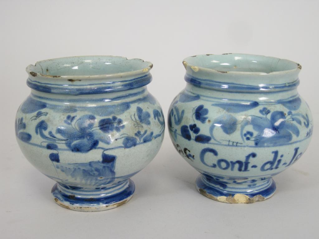 Appraisal: Pair of th Century blue and white Italian majolica Drug