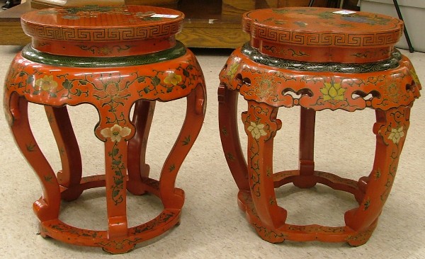 Appraisal: PAIR OF RED LACQUER PEDESTAL STOOLS Chinese th century the