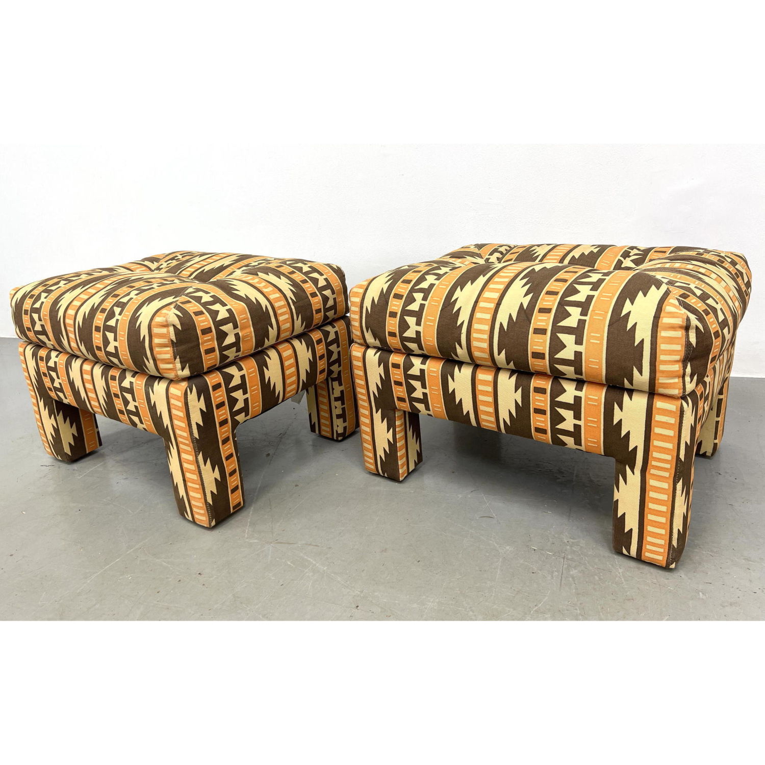 Appraisal: Pair Cy Mann Designs Stool Ottomans Southwest style upholstery Dimensions