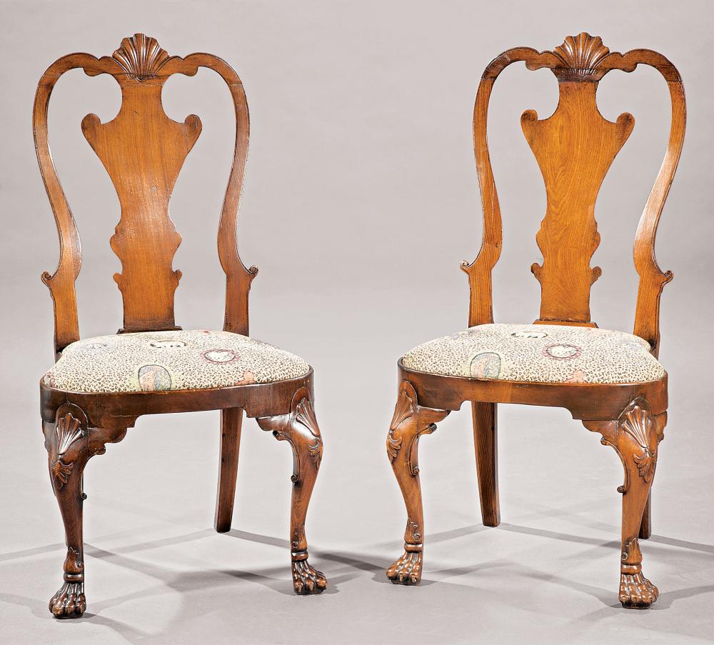 Appraisal: Pair of George I Carved Walnut Side Chairs c incised