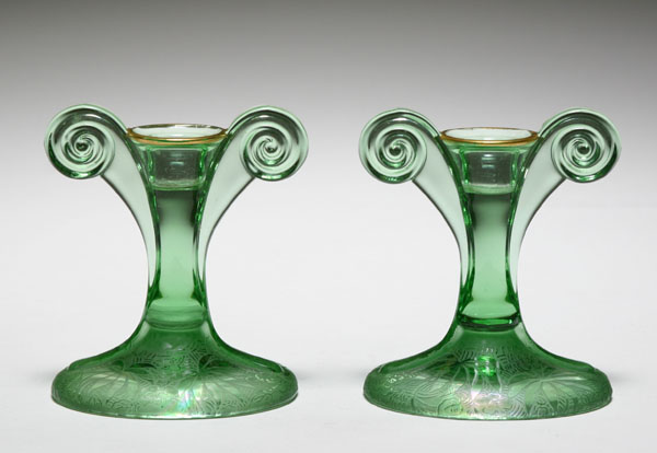 Appraisal: Pair of Fostoria green iridized brocaded palm candlesticks