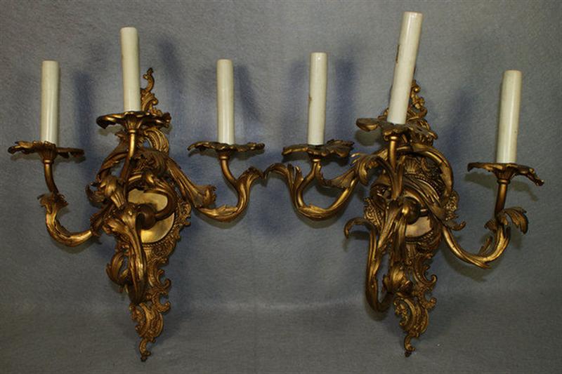 Appraisal: Pr gilt brass French rococo style electric wall sconces h