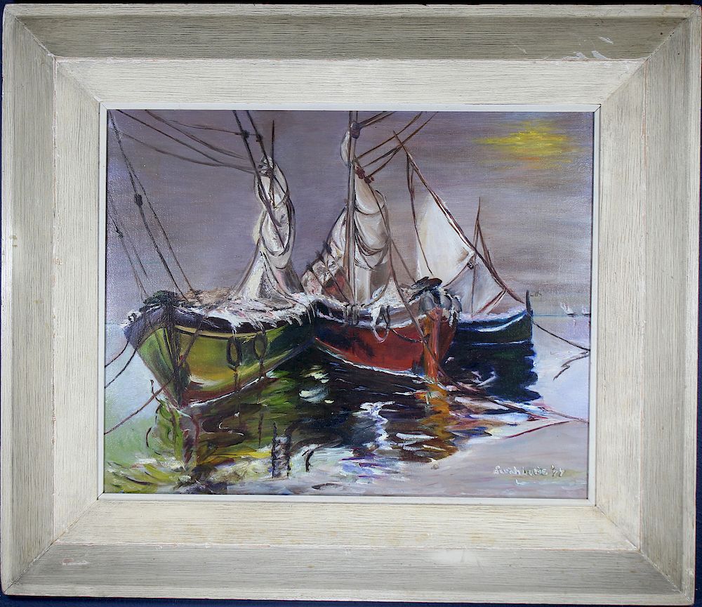 Appraisal: Signed Early th C Painting of Docked Sailboats Signed Early