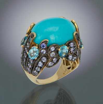 Appraisal: A Ladies' Greek Turquoise Topaz and Tanzanite Ring k yellow