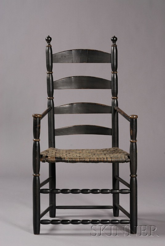 Appraisal: Black-painted Slat-back Armchair New England th century pieced feet ht