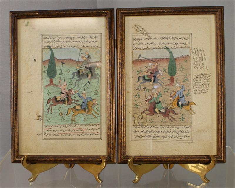 Appraisal: illuminated Persian manuscript pages watercolor scenes of a polo game