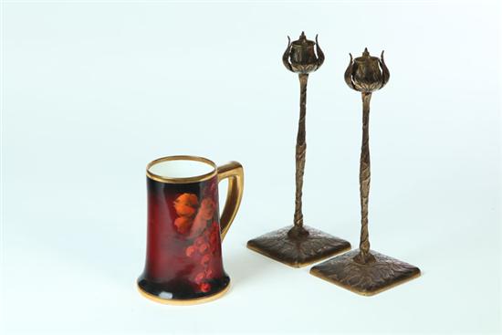 Appraisal: PAIR OF ART NOUVEAU CANDLESTICKS AND A HAND PAINTED MUG