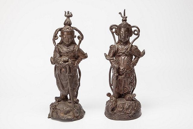 Appraisal: A PAIR OF BRONZE CHINESE GUARDIAN FIGURES each in ceremonial