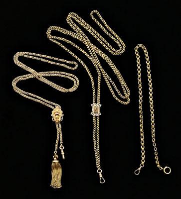 Appraisal: Three Victorian gold watch chains one with foliate slide set