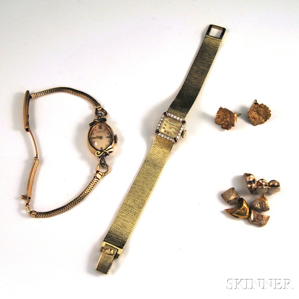 Appraisal: Three Pieces of Gold Jewelry a Longines kt gold wristwatch