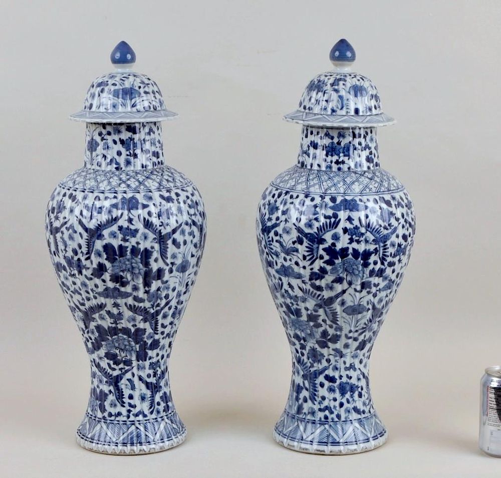 Appraisal: Pair Large Chinese Porcelain Covered Vases having ribbed bodies with