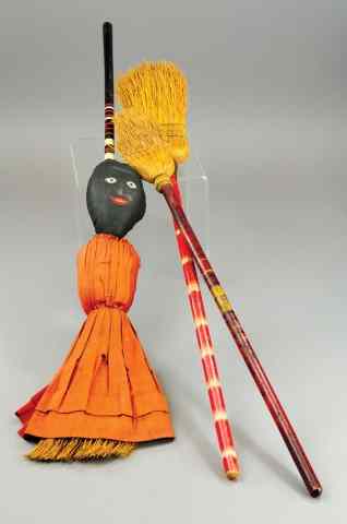 Appraisal: BLACK DOLL BROOM AND PAINTED BROOMS Features three wood handle