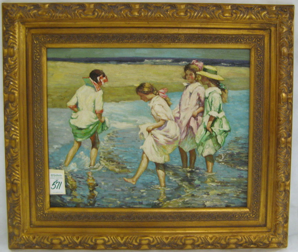 Appraisal: AMERICAN SCHOOL OIL ON CANVAS Four girls in Victorian costume