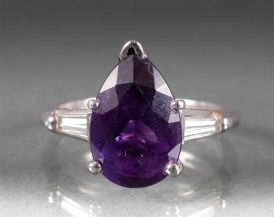 Appraisal: Platinum diamond and amethyst ring pear-shaped amethyst approximately cts flanked