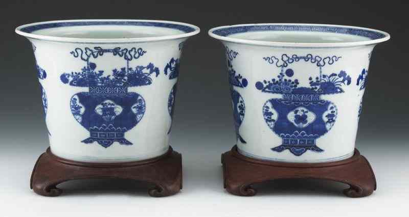 Appraisal: Pr Chinese blue and white porcelain plantersdepicting flower baskets raised