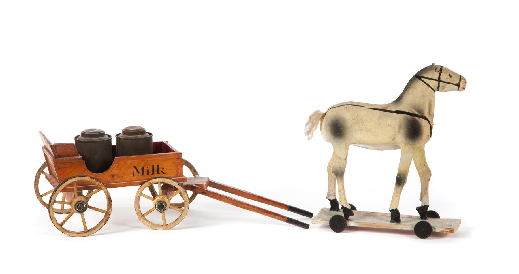 Appraisal: PRIMITIVE CHILD'S HORSE PULL TOY WITH WAGON American early th