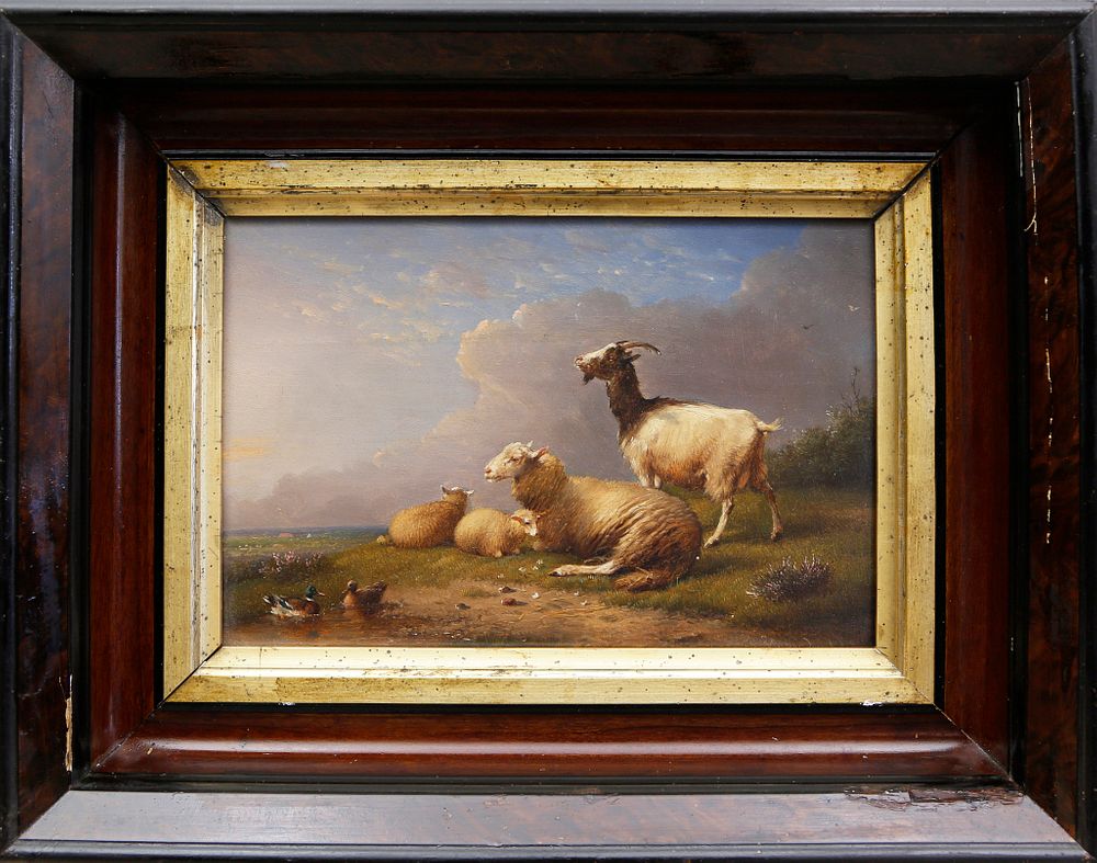 Appraisal: Franz Van Severdonck Oil on Wood Panel Sheep and Ducks