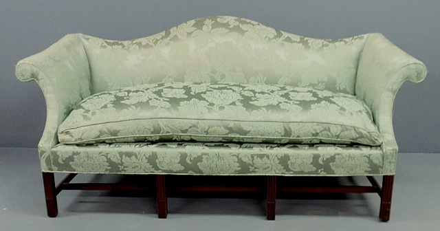 Appraisal: Chippendale style mahogany camelback sofa with green damask upholstery h