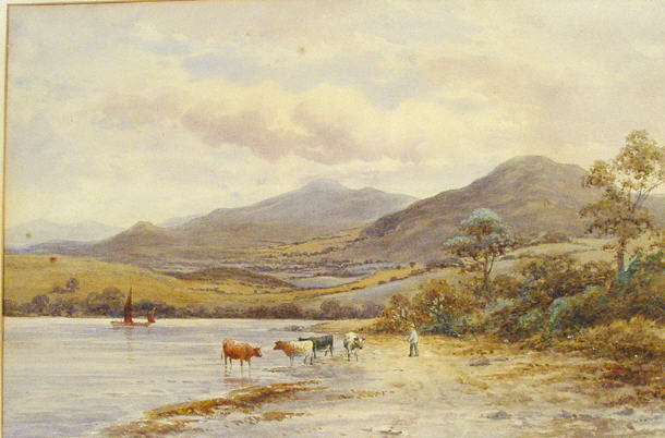 Appraisal: Unsigned watercolour of cows and farmer beside a river cm