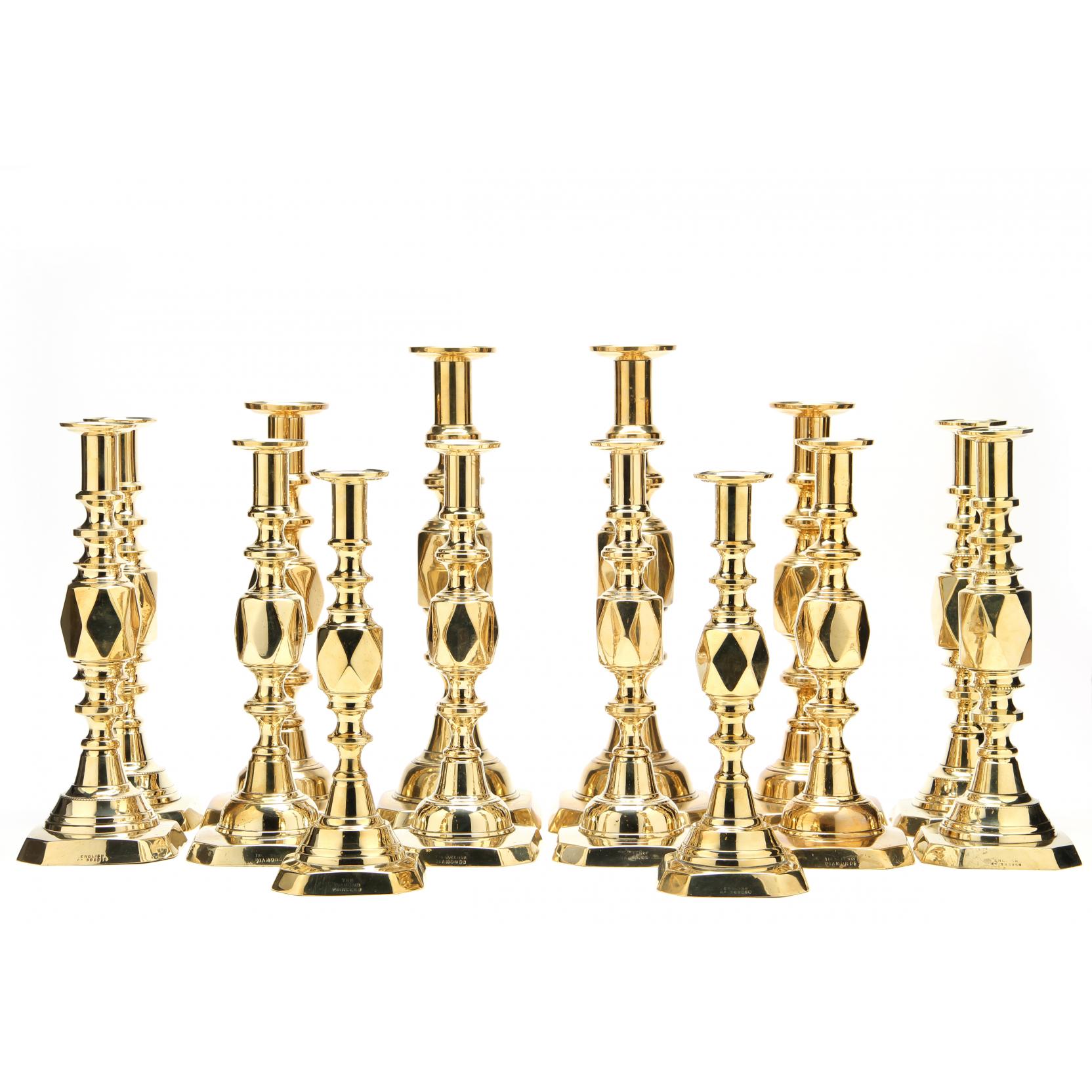 Appraisal: Fourteen Piece Set English Suit of Diamond Brass Candlesticks s