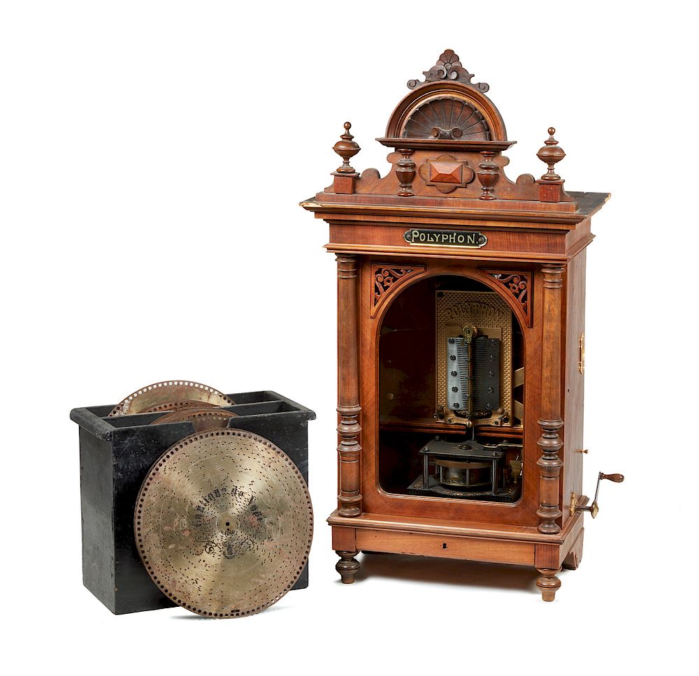 Appraisal: Polyphon Disc Music Box Walnut Polyphon upright coin operated disc