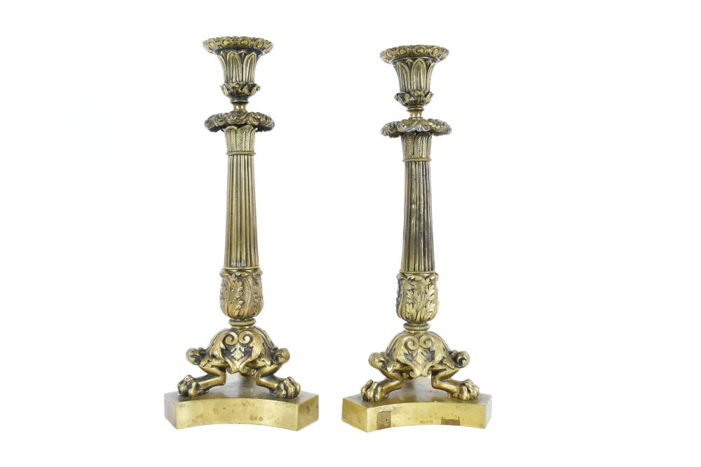 Appraisal: PAIR OF LATE EMPIRE BRONZE CANDLESTICKSMid to late th Century