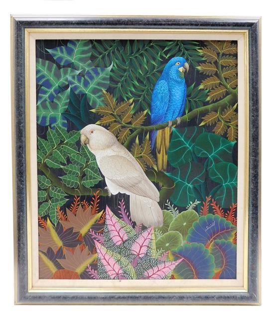 Appraisal: Jacques Geslin Haitian b acrylic on canvas jungle scene depicting