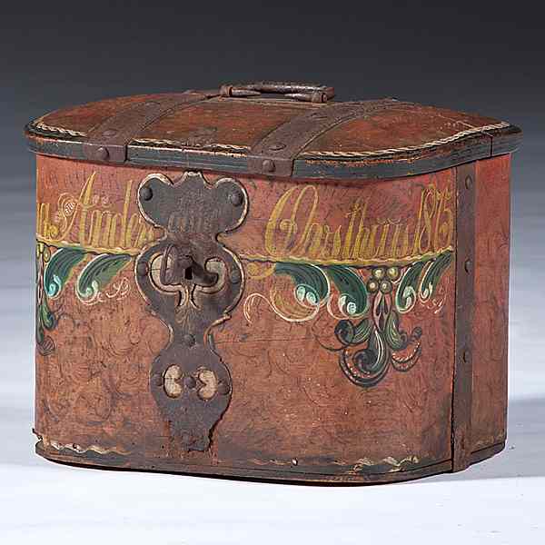 Appraisal: Continental Painted Bride's Box Probably Scandinavian dated a painted wooden