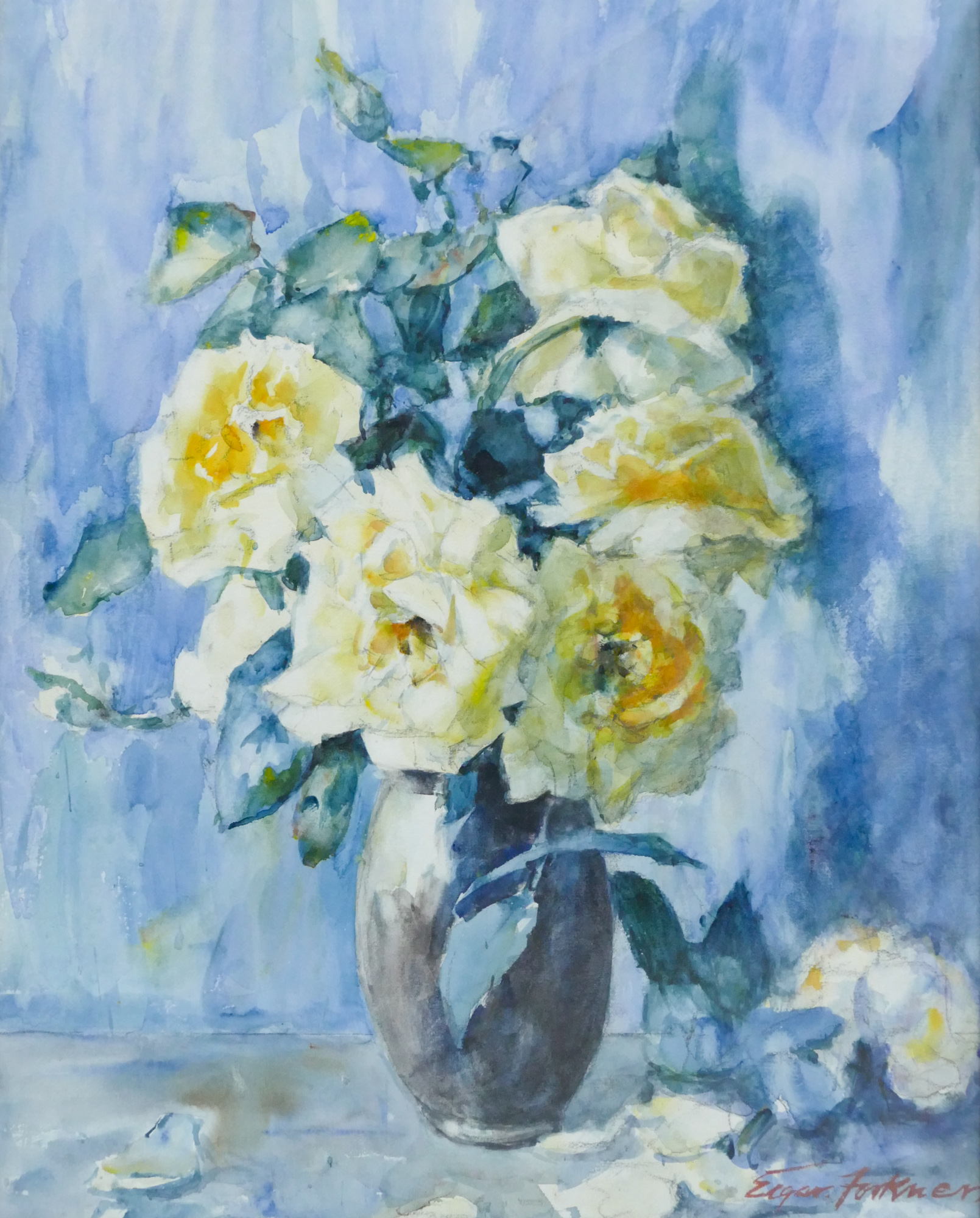 Appraisal: Edgar Forkner - American ''White Roses Still Life'' Watercolor on