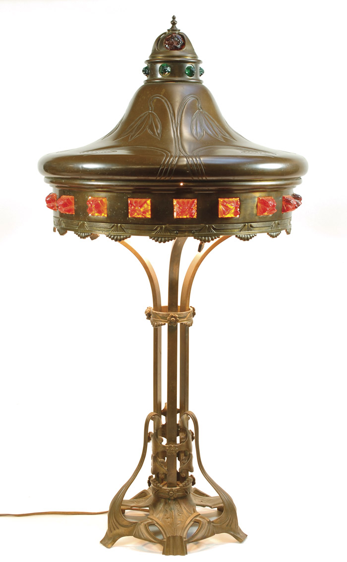 Appraisal: ART NOUVEAU BRONZE TABLE LAMP having glass jewel adorned metal