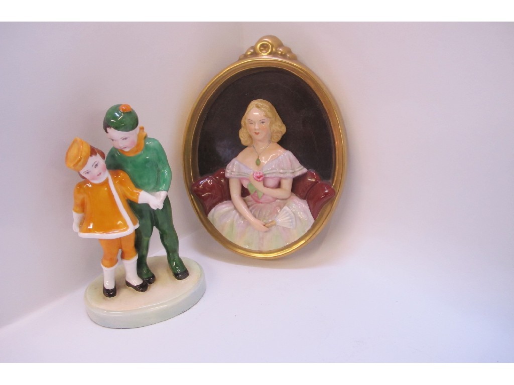 Appraisal: Crown Staffordshire group of two children and a Wedgwood plaque