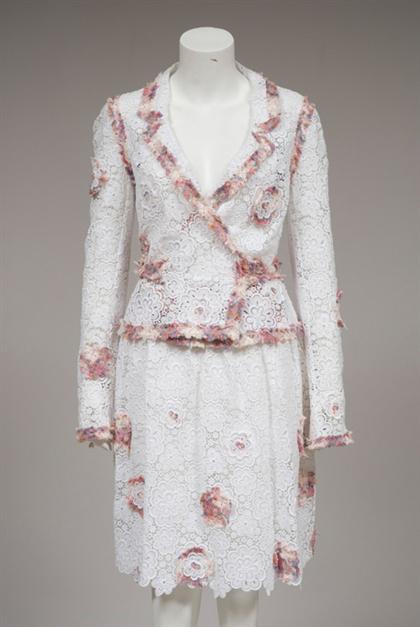 Appraisal: Chanel white guipure lace skirt and jacket spring With pink